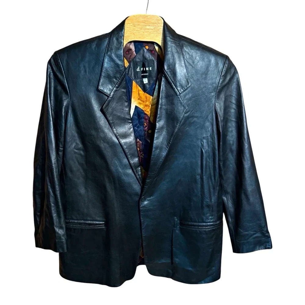 d.fine Men's Sz L 46 Black Leather Blazer Jacket Button Closure Pockets